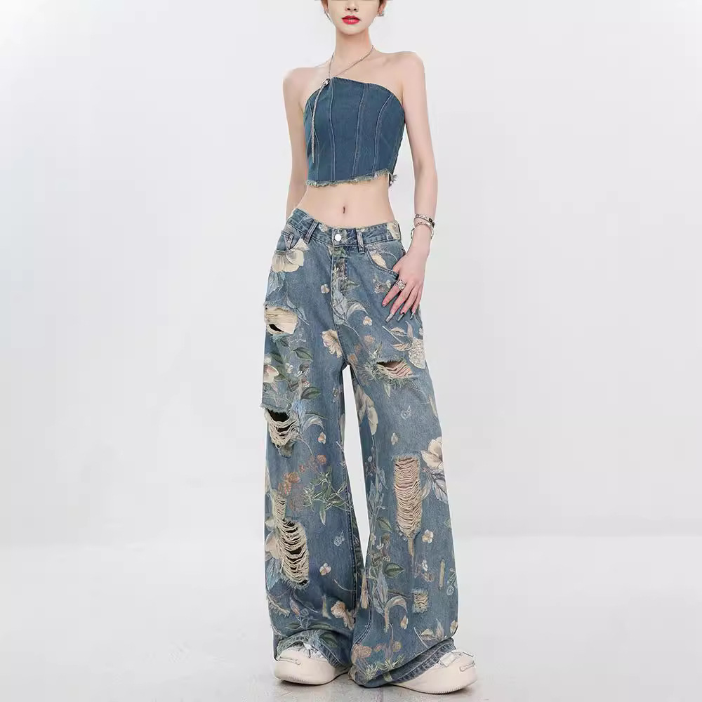 American Style Retro Printed Ripped Jeans Women's 2024 Summer New Loose Straight Long Pants with Wide Legs