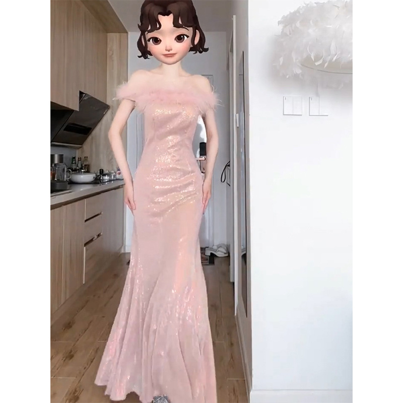 One-shoulder Evening Dress Elegant High-end Light Luxury Toasting Dress Bride High-end Fishtail Dress Birthday Banquet Host