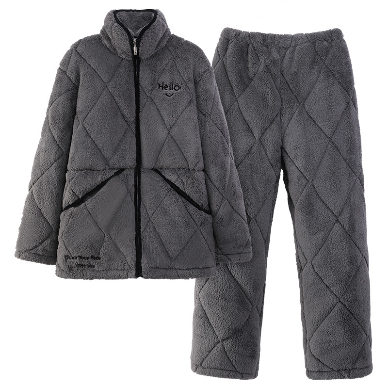 Pijamas de invierno caliente para hombres, tres capas de algodón intercalado, cuello vertical, manga larga, 2024 nuevo conjunto de ropa de hogar simple gris