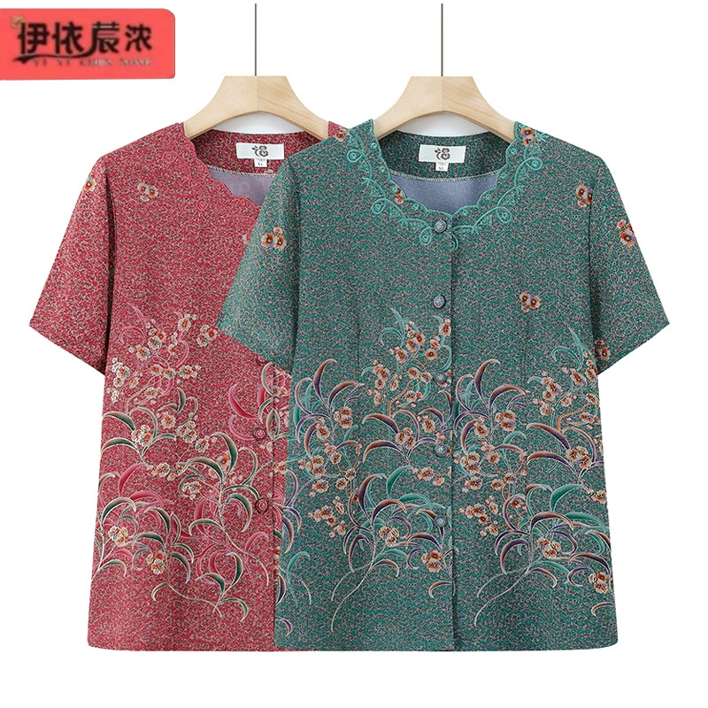 Летняя бабушка с принтом с короткими рукавами рубашка маленькая рубашка пожилая женщина тонкая футболка кардиган топ мама одежда