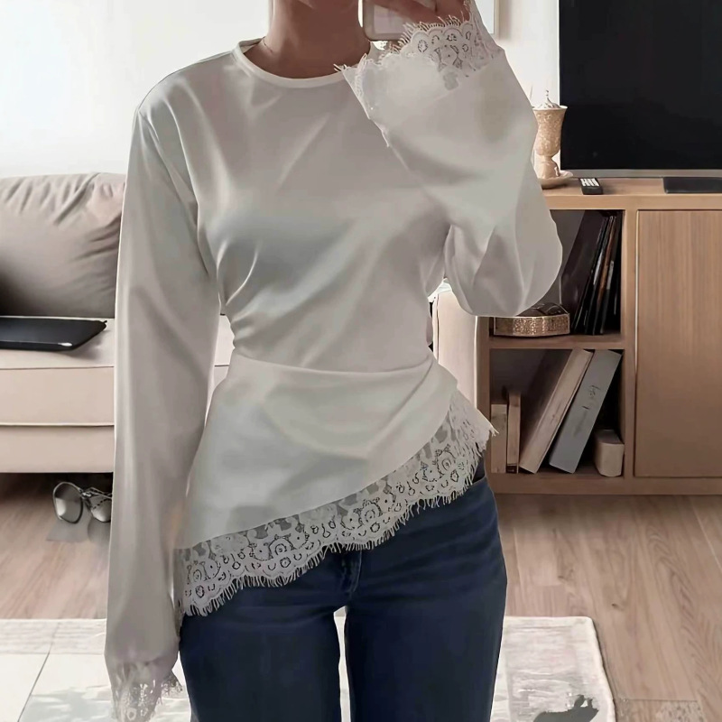 European and American women's fashion cross-border style 2026 new model round neck solid color long sleeve irregular hem lace-up base shirt for women European and American women's fashion cross-border style 2026 new model round neck solid color long sleeve irregular hem lace-up base shirt for women
