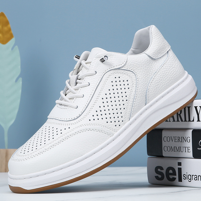[No lace-up] soft top layer cowhide hole small white shoes men's board shoes perforated elastic band hollow lazy man