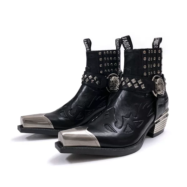 In Stock】Western Cowboy Boots for Men, Metal-Toe Short Boots, Vintage Studded Leather Boots, Punk Chelsea Boots, Unisex Style