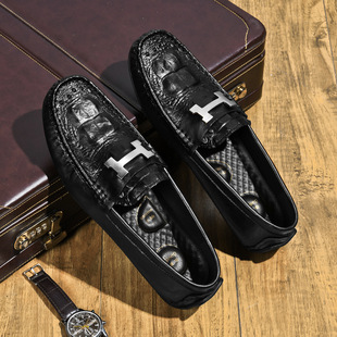 TikTok Live Broadcast Explosions Crocodile Bean Shoes Cross-border Lazy Driving Shoes British Casual Men's Leather Leather Cowhide