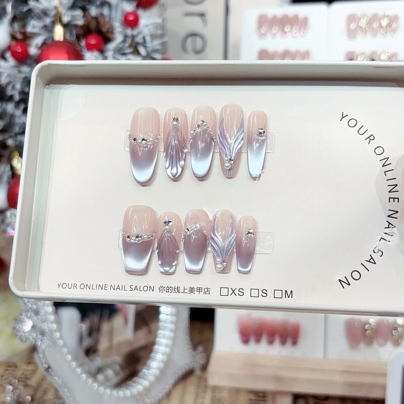 [Purple Ji Mermaid] Hand-worn Armor French Cat's Eye Bubble Stereo Pearl Advanced White Manicure Patch