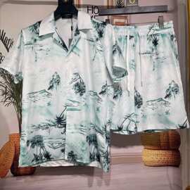 潮牌欧货Am夏季男士衬衫套装短裤3d数码印花山水画图案夏威夷衬衫