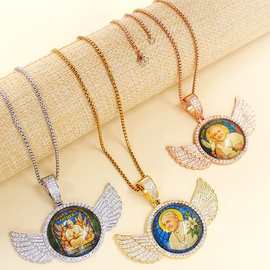 亚马逊镶嵌锆石天使翅膀照片相框吊坠满锆石珠宝嘻哈项链饰品