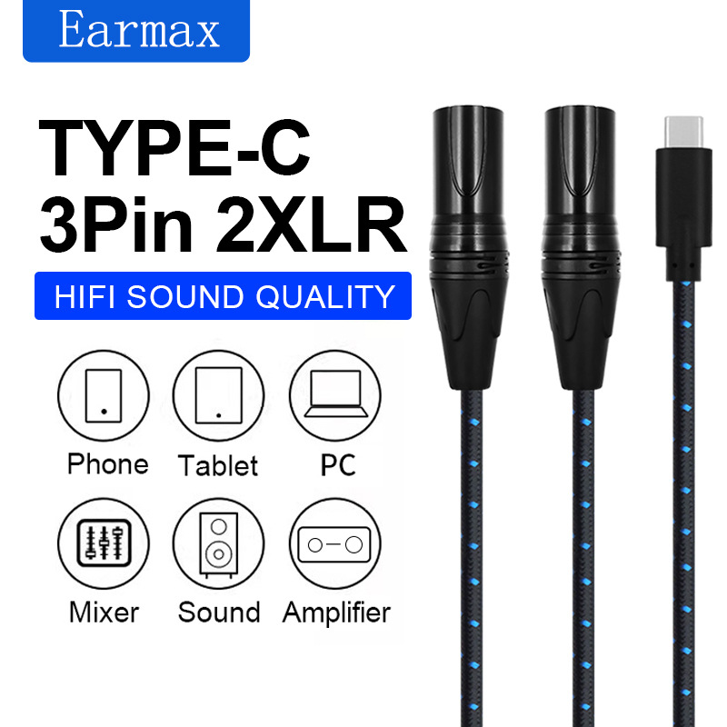 Type-c To Double Carnong 3 Pin Adapter Cable For Amplifier Audio...