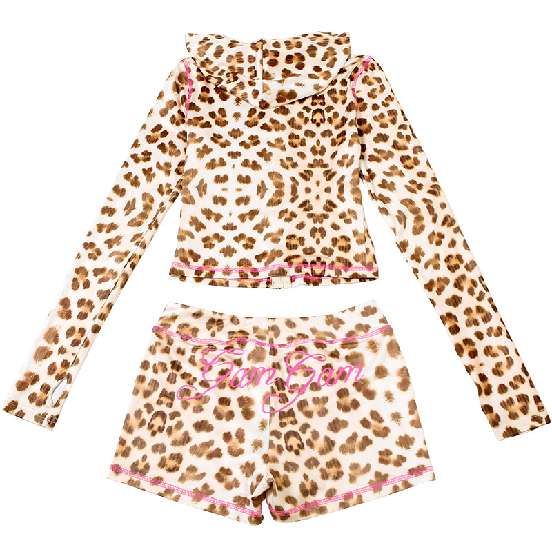 Spring Casual Leopard Print Slim Fit Hood Zipper Top High Waist Shorts Set Women