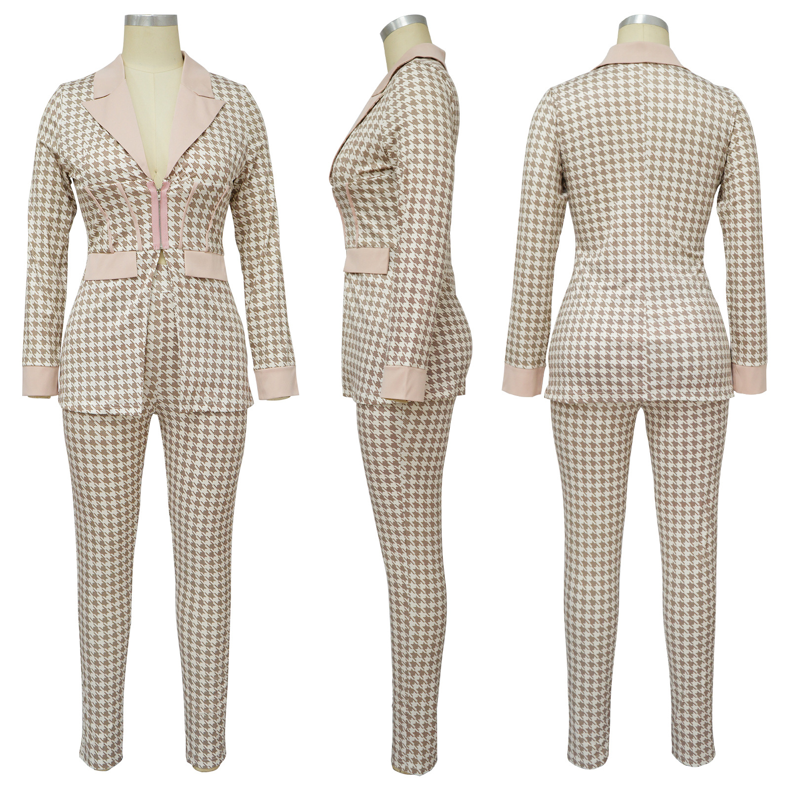 Turndown Neckline Comfort Function Women's Long Sleeve Blazers Printing Business Houndstooth