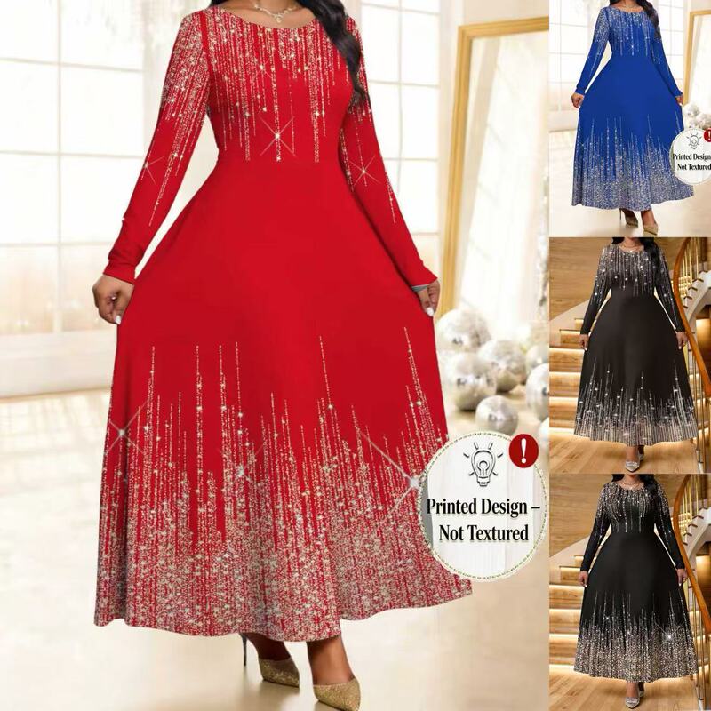 Cross-border European and American 2026 Plus Size Women's Autumn and Winter Elegant Shimmering Round Neck Long Sleeve Dress