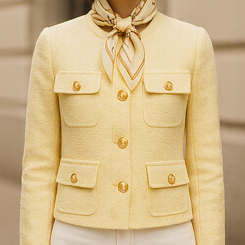 European and American Style Autumn and Winter New Tweed Short Jacket for Women, Light Yellow Short Jacket 250609