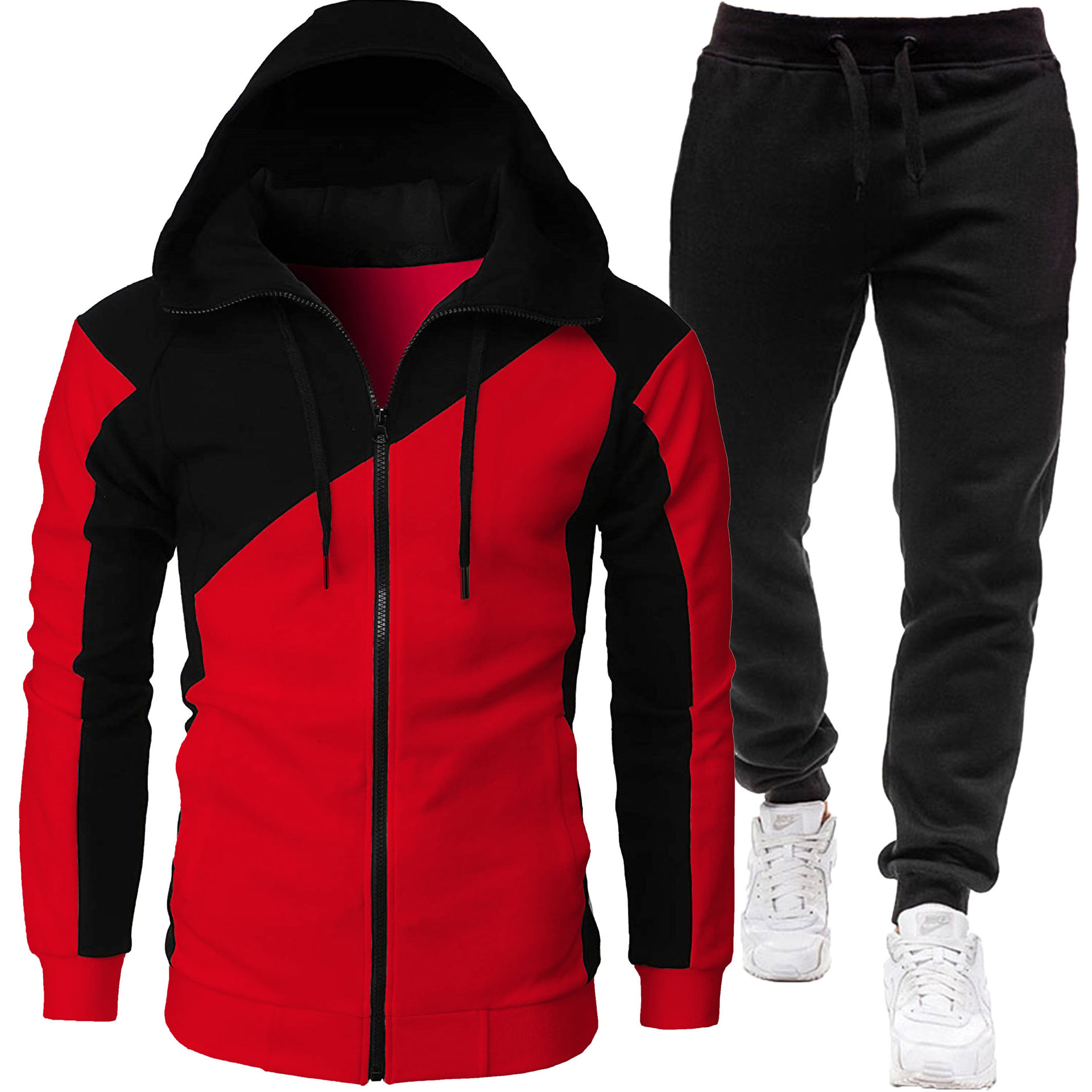 2024 Herbst und Winter Zweifarbige Patchworkjacke, Langärmlige Hose, Freizeitsport-Set für Herren mit Kapuze_voghion.com