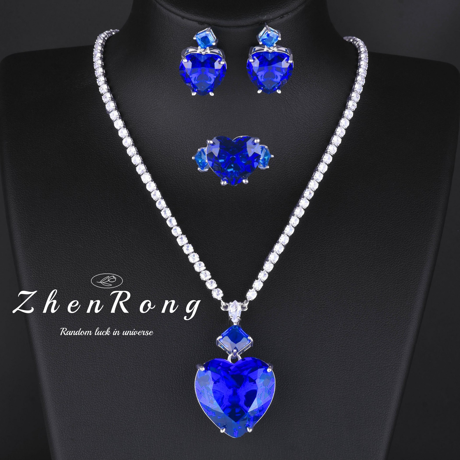 Luxury Diamond Ocean Heart Sapphire Chain Dress Dinner Earrings Bridal Jewelry Ring Color suit Women