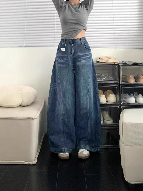 美式弯刀裤女秋款高个子牛仔2025新款垂感复古蓝工装高腰提臀秋款|undefined