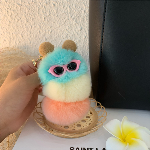 Korean ins rex rabbit fur cute caterpillar bag pendant personalized creative plush doll car keychain pendant