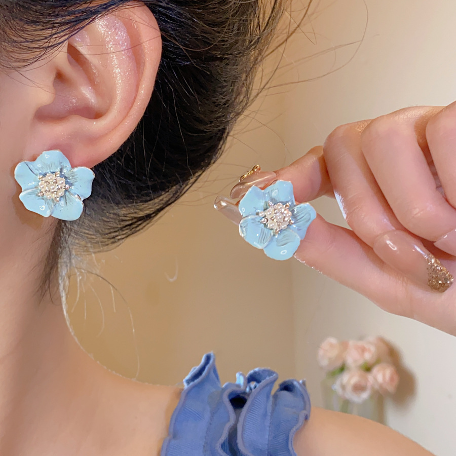 Pendientes de perlas de flores de diamantes con aguja de plata Pendientes de temperamento dulce de moda elegante francesa Pendientes de lujo ligero de alta gama mujeres