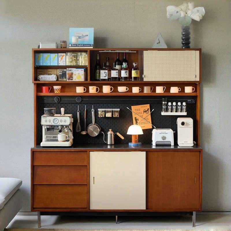 Medieval Style Retro Solid Wood Sideboard Against the Wall Integrated Storage Cabinet Tea Side Cabinet Slate Countertop Restaurant Storage Rack