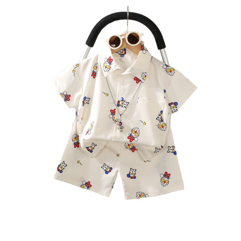 男女の子供のシャツの夏服の2025新型のかっこいい家庭のスーツの赤ちゃんのカーディガンのシャツのtシャツの半袖のズボンのスーツ|undefined