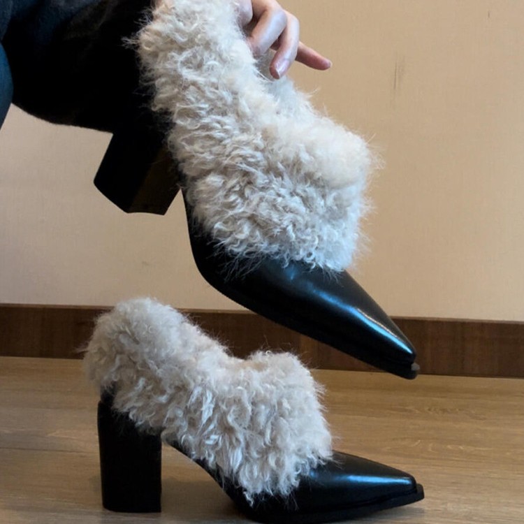 现货版~高级感尖头小皮鞋女复古一脚蹬毛毛单鞋高跟厚绒保暖棉鞋