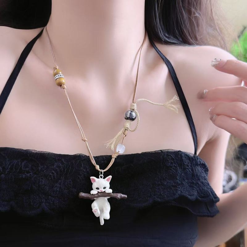 童趣卡通枝头小猫咪小狗设计树脂猫咪珠编织vintage项链毛衣链潮|undefined