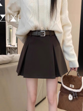 咖色毛呢半身裙女秋季棕色高腰短裙2024新款秋冬小个子a字百褶裙