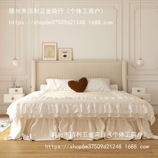 French Style Modern Simple Fabric Bed Light Luxury Internet-Famous Solid Wooden Bed Velvet Bed Master Bedroom Double Bed Vintage Cream Style Bed