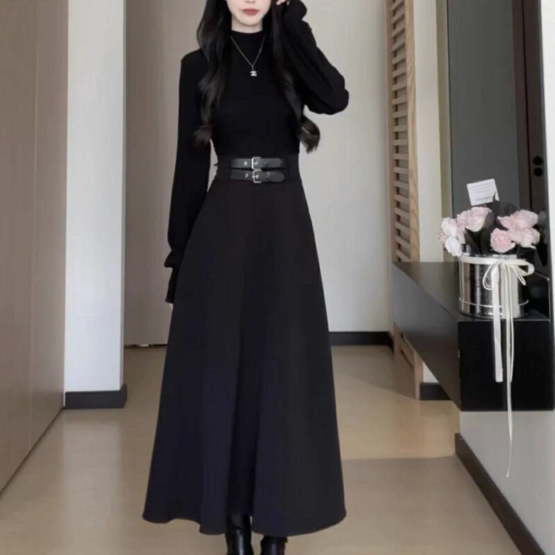 法式黑色内搭连衣裙子女秋冬2025年新款小个子掐腰裙约会穿搭礼服|undefined