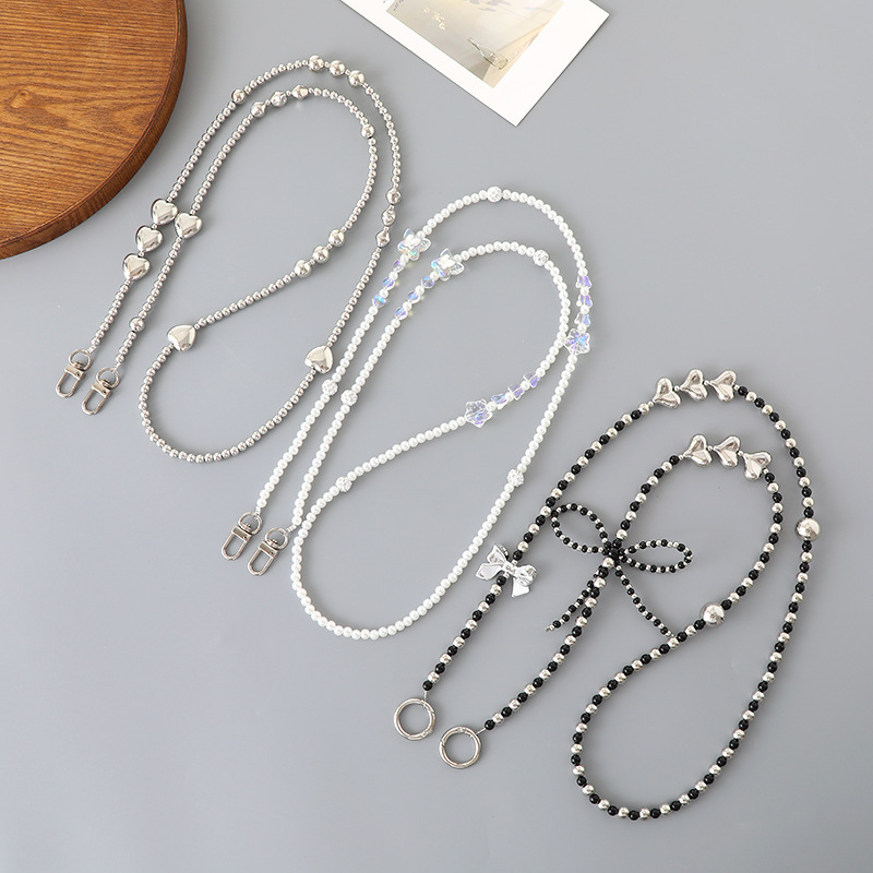 Ins Simple New Pearl Bow Beaded Crossbody Chain Creative Silver Plated Love Chain Mobile Phone Lanyard Hanging Ornaments