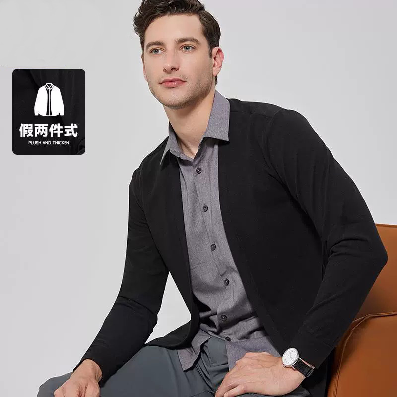 Spring and Autumn Knitted Cardigan Men's Shirt Fake Two-piece Stitching Sweater Casual Business Sweater Jacket Men's Wholesale Spring and Autumn Knitted Cardigan Men's Shirt Fake Two-piece Stitching Sweater Casual Business Sweater Jacket Men's Wholesale