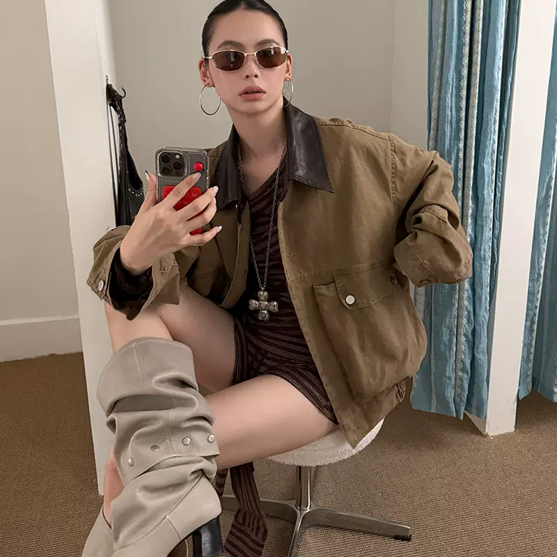 MMFISH时髦街头洗水工装夹克巴恩风皮领外套（可拆卸垫肩）25W478