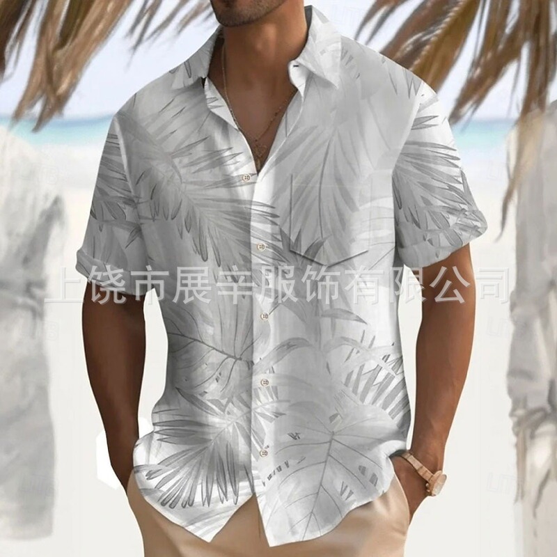 Foreign Trade Tropical Plant Print Men's Shirt, Lightweight and Breathable, with a Turn-Down Collar, Loose Fit, Drop Shoulder, Suitable for Summer Beach Travel and Casual Wear Foreign Trade Tropical Plant Print Men's Shirt, Lightweight and Breathable, with a Turn-Down Collar, Loose Fit, Drop Shoulder, Suitable for Summer Beach Travel and Casual Wear