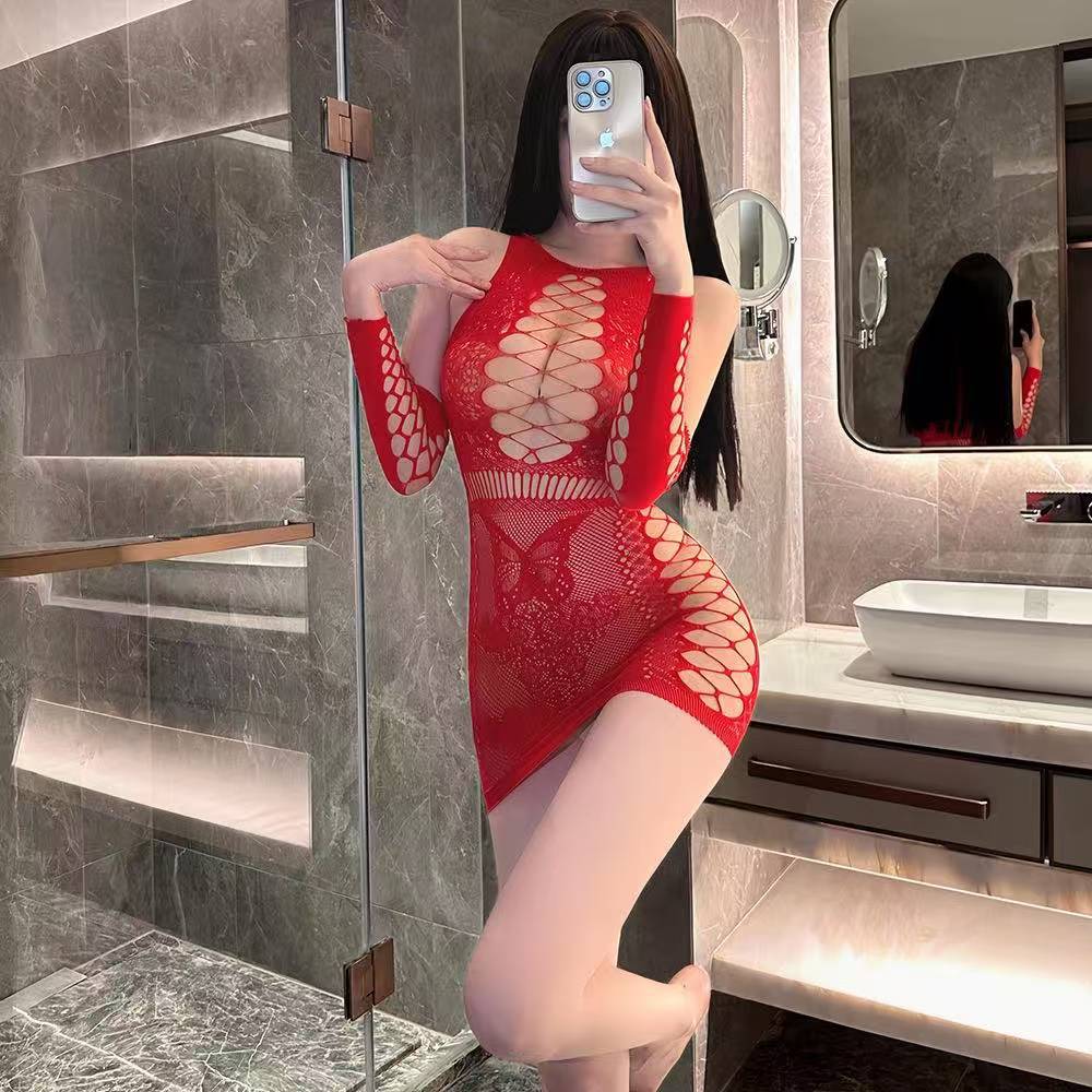 Purely Alluring See-Through Lace Net Dress, Slim-Fit Bodycon Mini Lingerie in Red, One Size — detail image 3