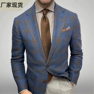 Cross-Border European and American Casual Men's Suit Jacket Single-Breasted Plaid Print Retro Commuter Youth Jacket