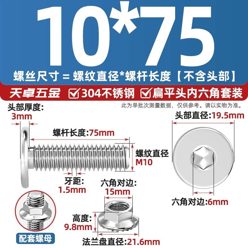 304不锈钢CM大平头超薄头C头扁平头内六角螺丝钉法兰边螺母套装M5|undefined