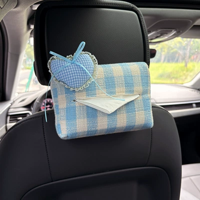 Car tissue box/set Armrest Box Tissue Box Car - ribbon-plaid-blue-heart-plaid-tissue-paper-blue