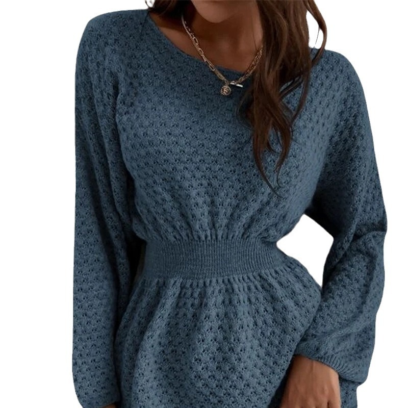 French Loose Round Neck Design Fitted Waist Sweater Knitted Dress