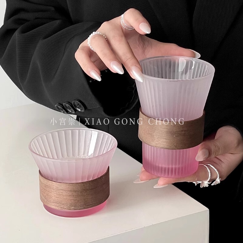 大衆グラデーション色縦紋グラス家庭用パーマ防止木カバーカップ高級感コーヒーカップ冷たいカップ|undefined