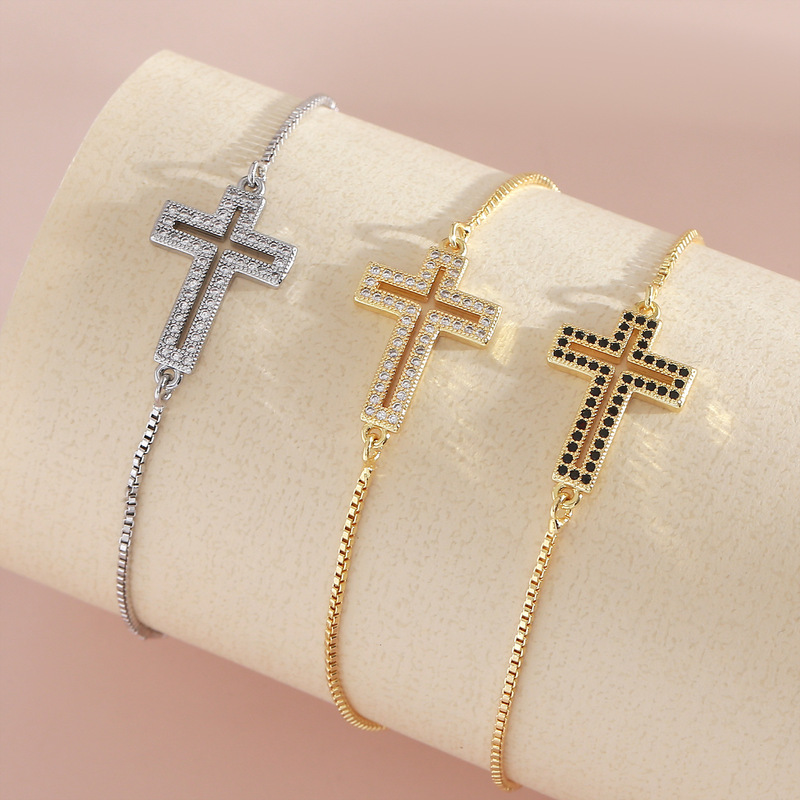 Real Gold Color-Preserving Electroplating Cross-Border Hot Cross Bracelet Hollow Design Hand Jewelry Inlaid with Zircon Jewelry Adjustable Bracelet