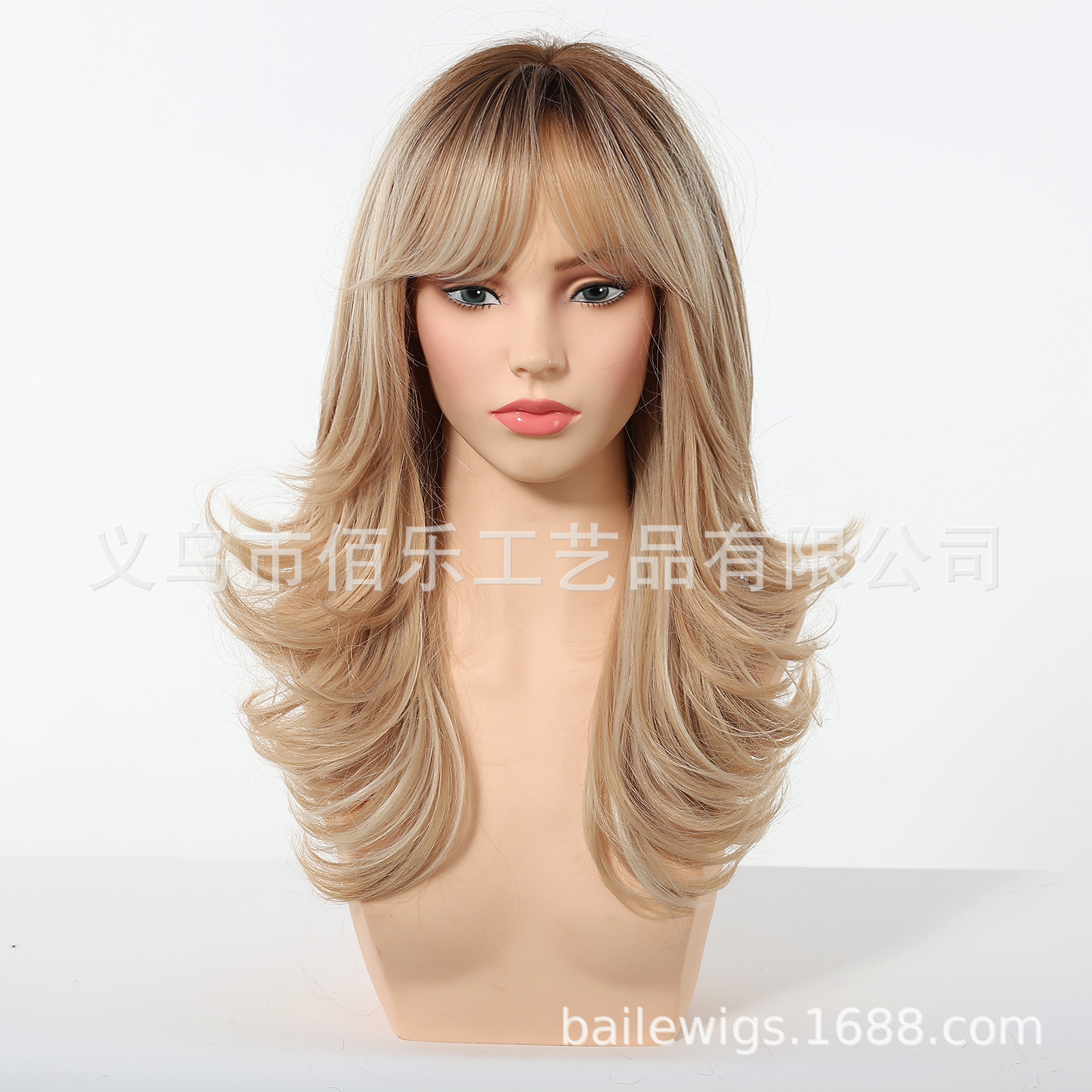 Gradiente de oro claro con franjas de capas ondas grandes pelucas de cabello completo cubierta natural esponjosa diaria peluca larga cubierta peluca wig image 3