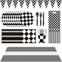 現物白黒格子のテーマパーティーのシーンの配置用品の使い捨て食器セットの卸売りの三角旗は吹いています。