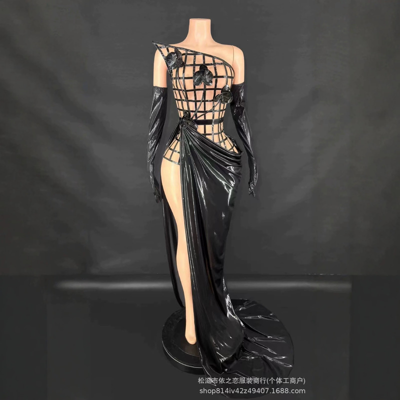 New Style Black Three-Dimensional Floral Fashion Sexy Long Dress with Gloves, Slim Fit, Figure-Flattering, Floor-Length Evening Gown New Style Black Three-Dimensional Floral Fashion Sexy Long Dress with Gloves, Slim Fit, Figure-Flattering, Floor-Length Evening Gown