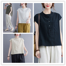 实拍2024夏季新款文艺宽松纯色立领短袖T恤女装衬衣上衣3467#