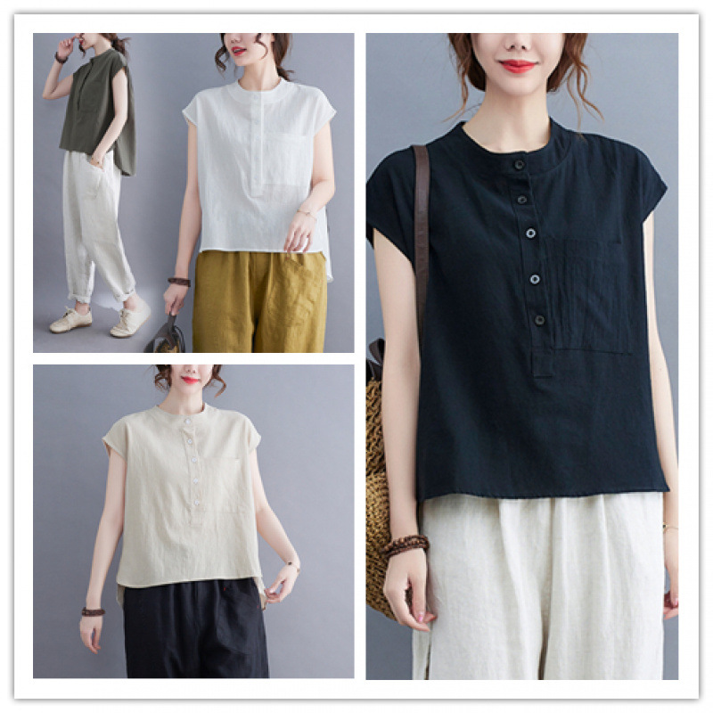 实拍2024夏季新款文艺宽松纯色立领短袖T恤女装衬衣上衣3467#