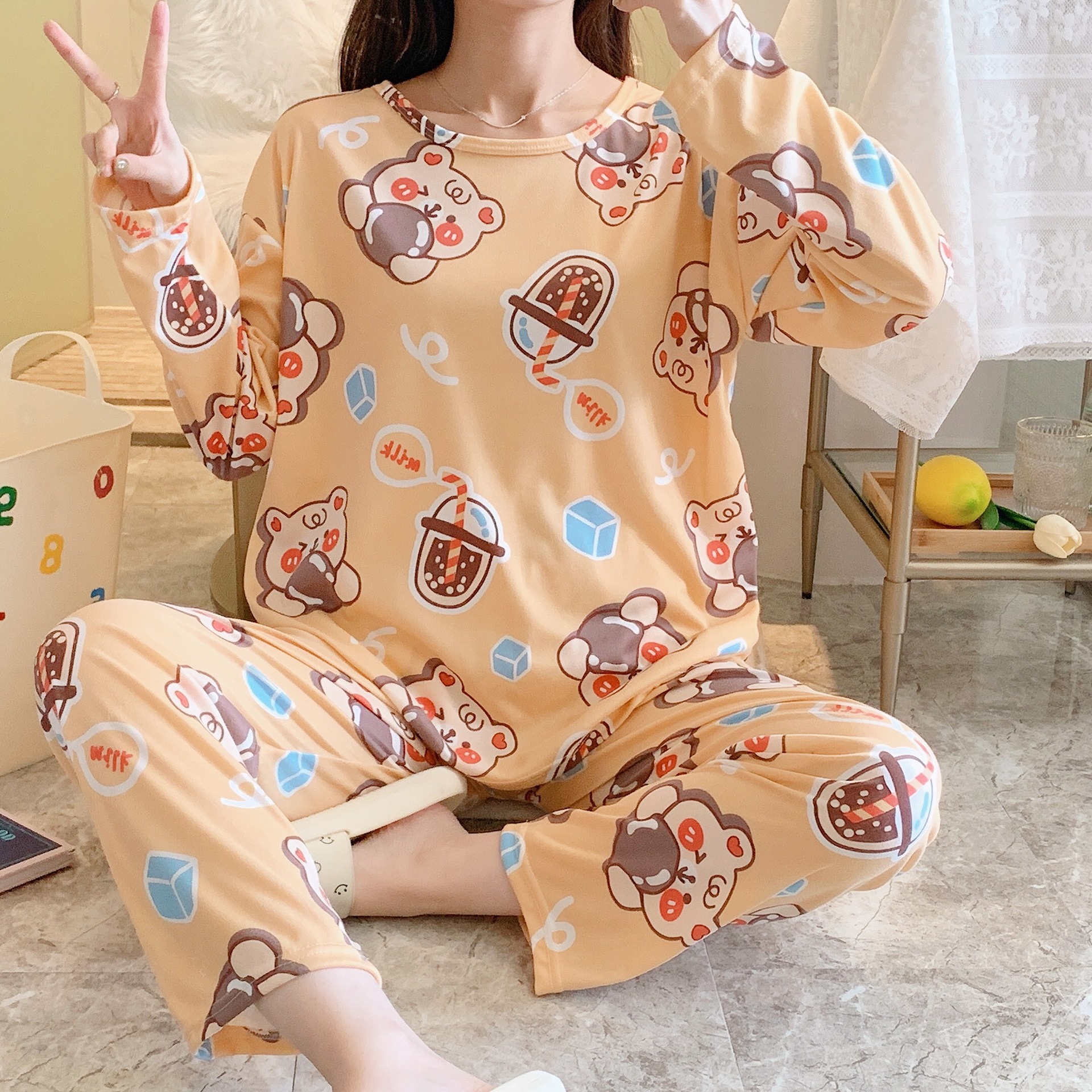 Tallas grandes Otoño e Invierno pijamas de manga larga primavera y verano estudiante de dibujos animados lindo Pantalones de mujer casual traje de desgaste para el hogar