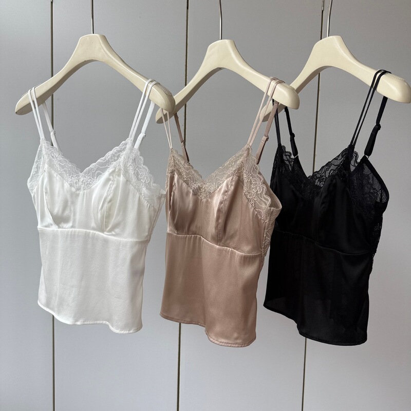 19mm Silk Stretch Satin with Lace on the Back! V-Neck, Soft and Breathable, Beautiful Back, Double Shoulder Strap Camisole for Women, Spring
