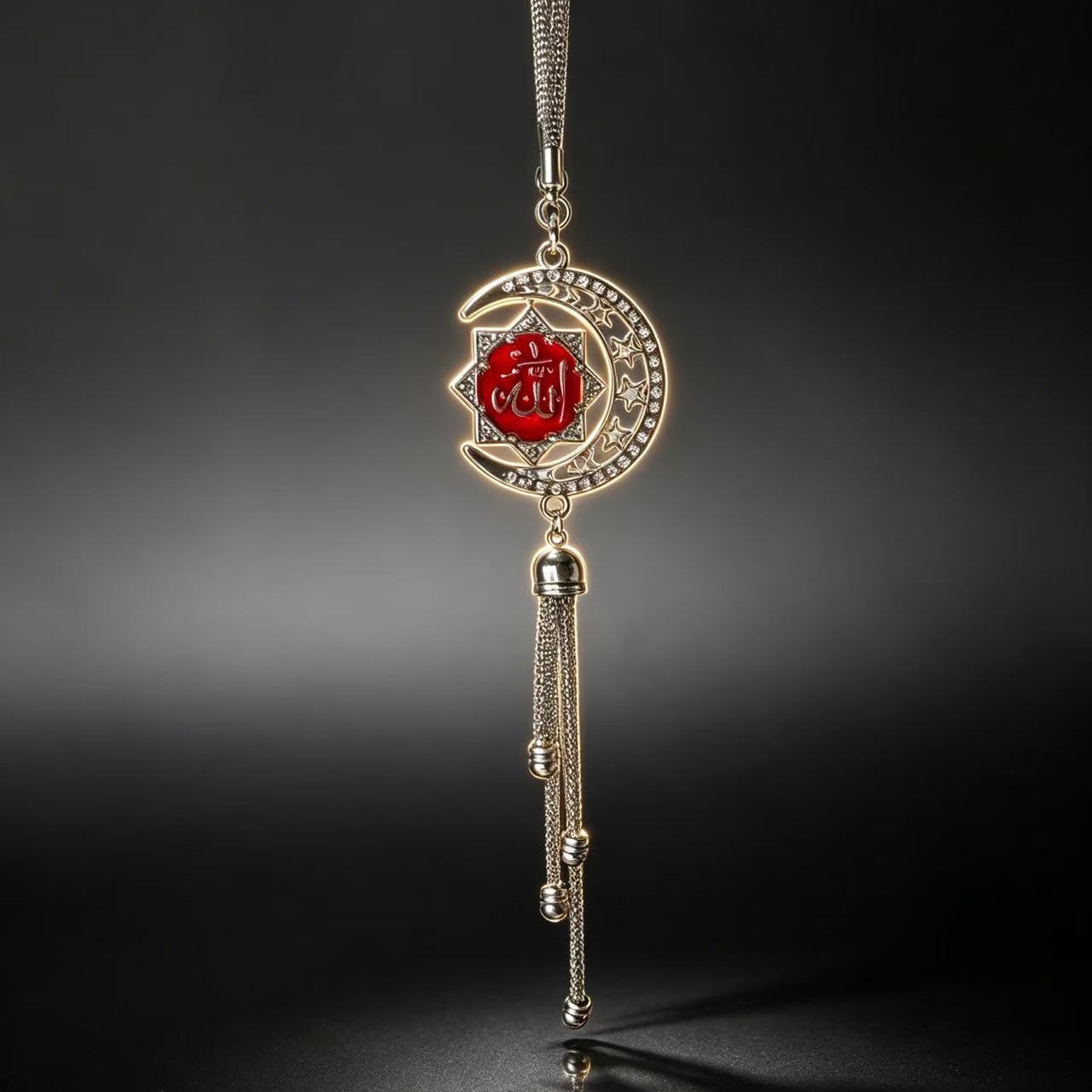 Golden Star and Moon Enamel Car Pendant, 3D Scripture Car Hanging Ornament, Diamond-Encrusted Rearview Mirror Tassel Decoration, Cross-Border Wholesale
