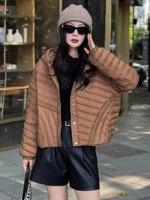 轻薄款连帽羽绒服女2025冬季新款时尚设计感绗线休闲白鸭绒面包服|undefined