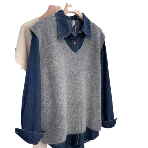 Grey V-neck Cardigan Knit Vest for Women Autumn and Winter Innerwear Layering over Sweaters V-neck Woolen Clothing