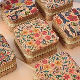 复古镜子首饰盒便携旅行耳环戒指项链收纳盒印花珠宝礼品盒子